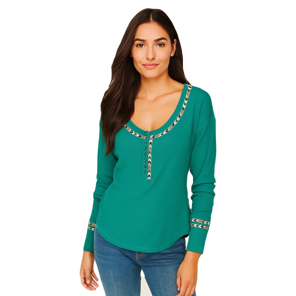 We The Free Teal Green Boho Long Sleeve Lounge Hiking Thermal Henley Top Medium